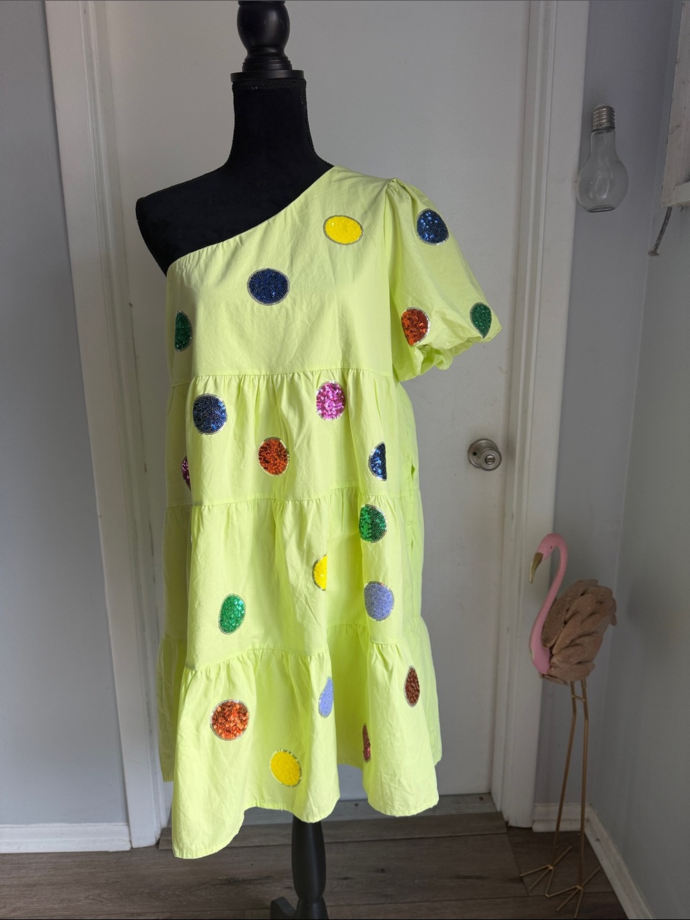 Fantastic Fawn One-Shoulder Lime Green Sequin Dot Dress
